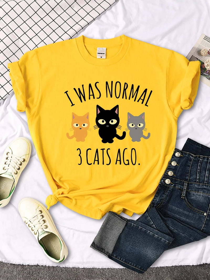 I Was Normal 3 Cats Ago Print Womens T-Shirt Summer Women Stitch Clothes Quality T Shirts Breathable Casual Top Oversized