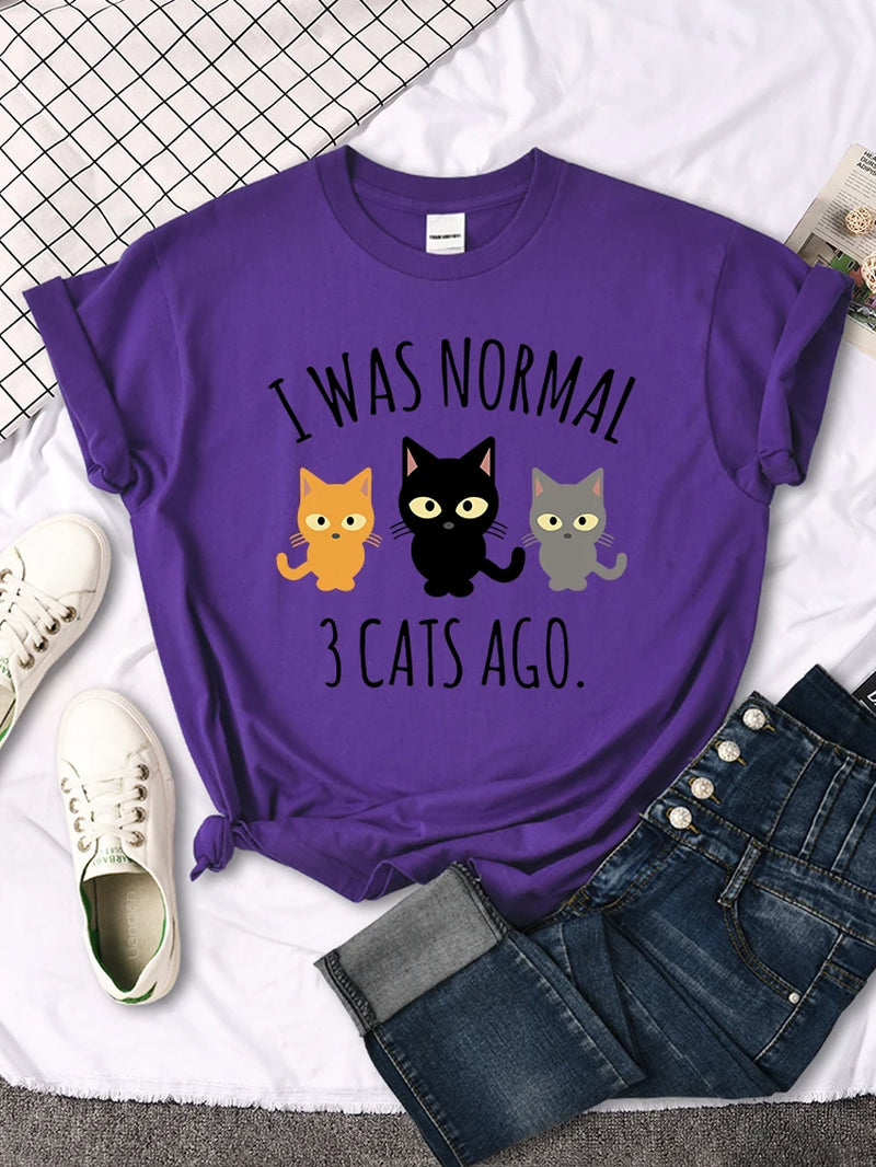 I Was Normal 3 Cats Ago Print Womens T-Shirt Summer Women Stitch Clothes Quality T Shirts Breathable Casual Top Oversized