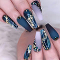 Long Press on Nails Navy Blue Coffin Fake Nails French Marble False Nails with Glitter Designs Rhinestones Glue on Nail Matte Stick on Artificial Nails for Women 24Pcs