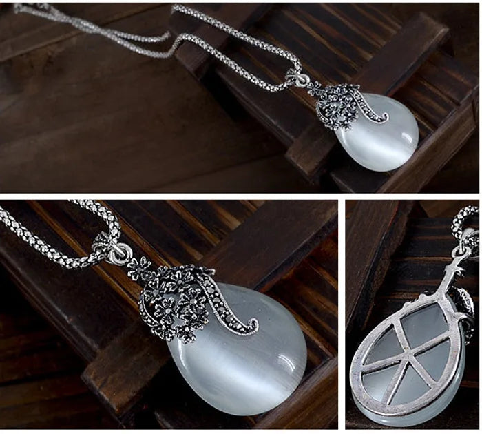 Vintage Elegant 925 Sterling Silver Color Fashion Opal Water Drop Pendants Long Necklaces Earrings Women Jewelry Sets