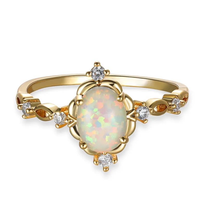 Charm Gold Silver Color Wedding Ring White Opal Oval Stone Engagement Ring Cute Female Blue Green Purple Crystal Rings For Women