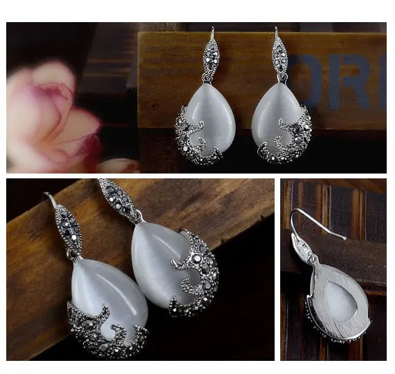 Vintage Elegant 925 Sterling Silver Color Fashion Opal Water Drop Pendants Long Necklaces Earrings Women Jewelry Sets
