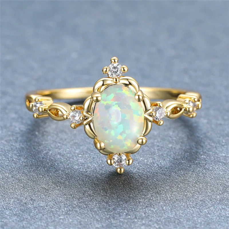 Charm Gold Silver Color Wedding Ring White Opal Oval Stone Engagement Ring Cute Female Blue Green Purple Crystal Rings For Women