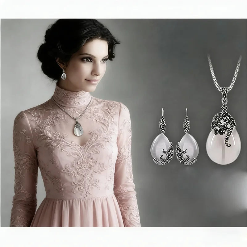 Vintage Elegant 925 Sterling Silver Color Fashion Opal Water Drop Pendants Long Necklaces Earrings Women Jewelry Sets