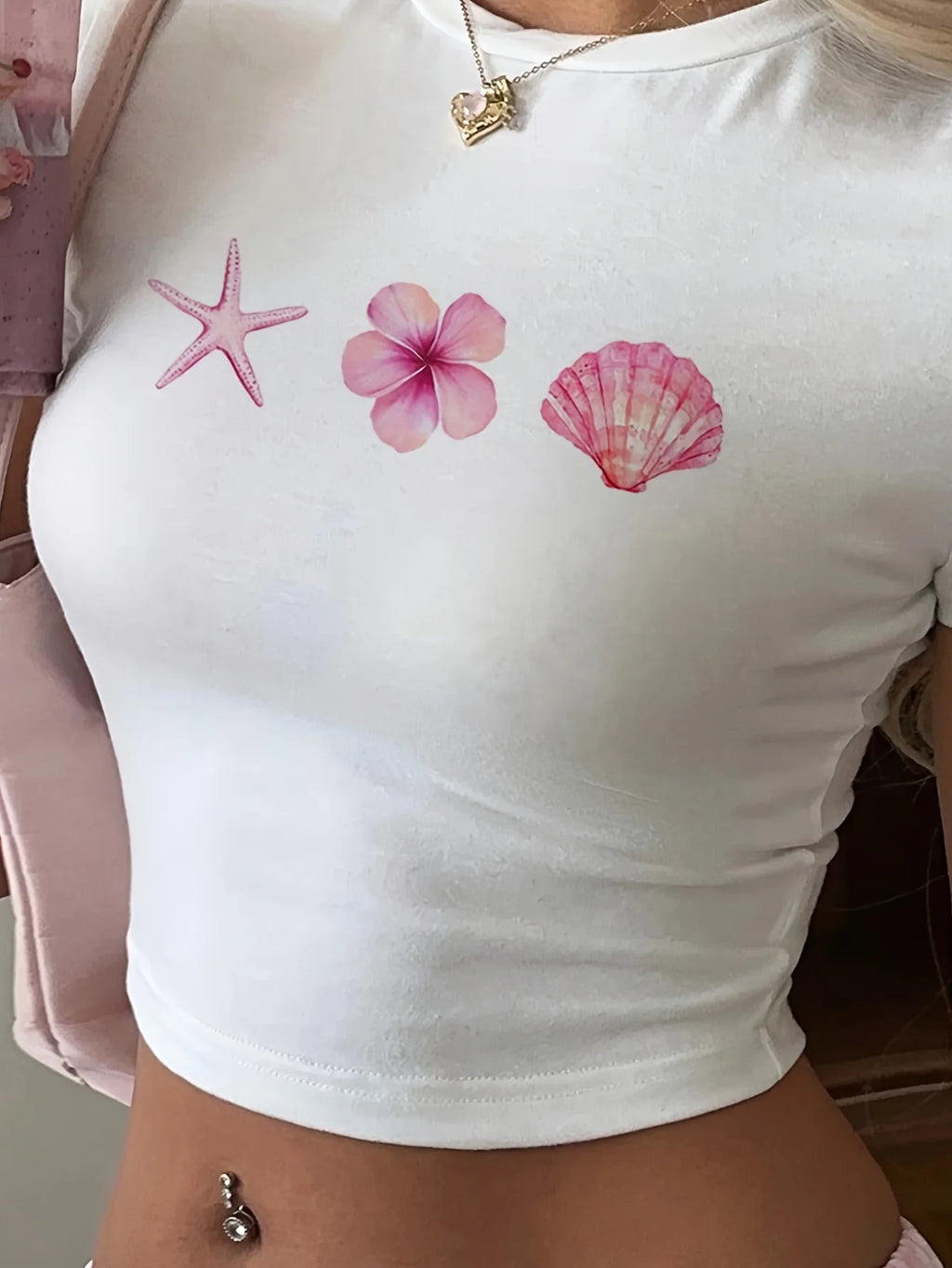 Cropped Shirt Beach Floral Seashell Starfish Print Crop top T-shirt Y2K Short Sleeve Top for Spring & Summer Women's Clothing
