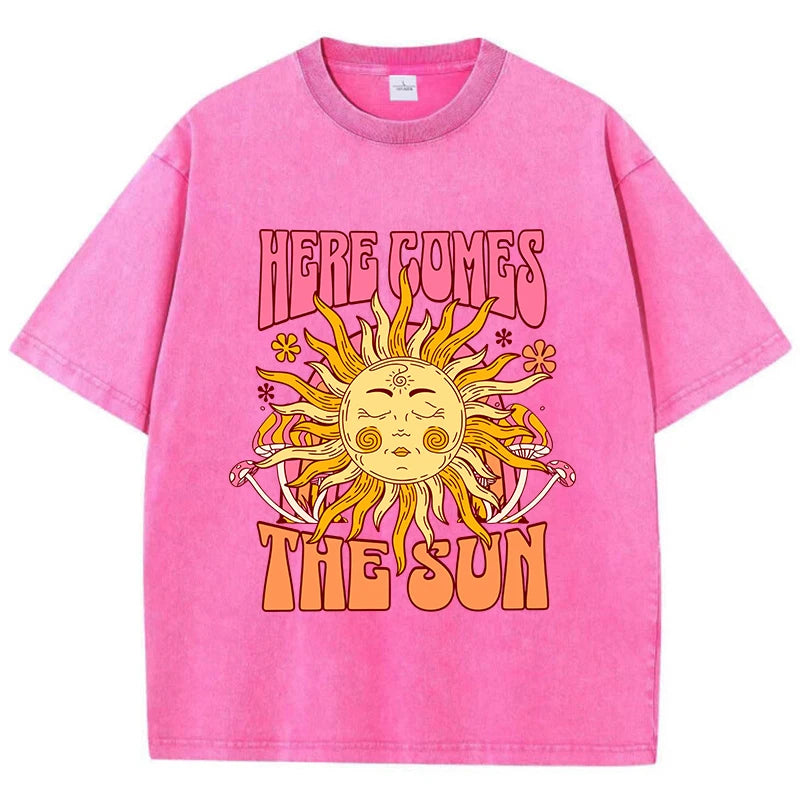 Oversize Women's Washed T-Shirt Cotton Here Comes The Sun Prints T Shirts Casual O-Neck Short Sleeve Tops Loose Women's Clothes