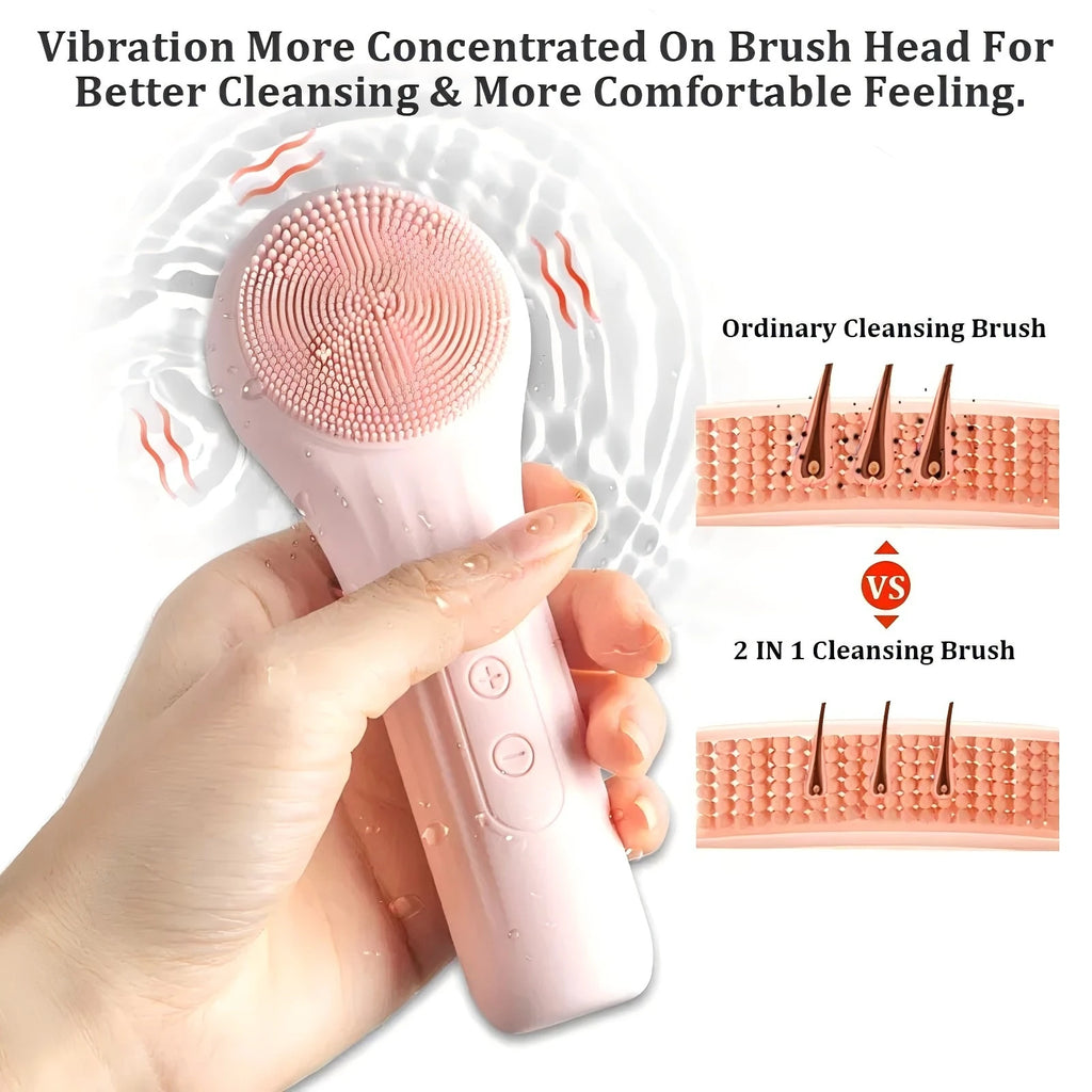 Silicone Face Scrubber Electric Facial Cleansing Brush with Heating Vibration Waterproof Face Wash Brush with 5 Speed Adjustable