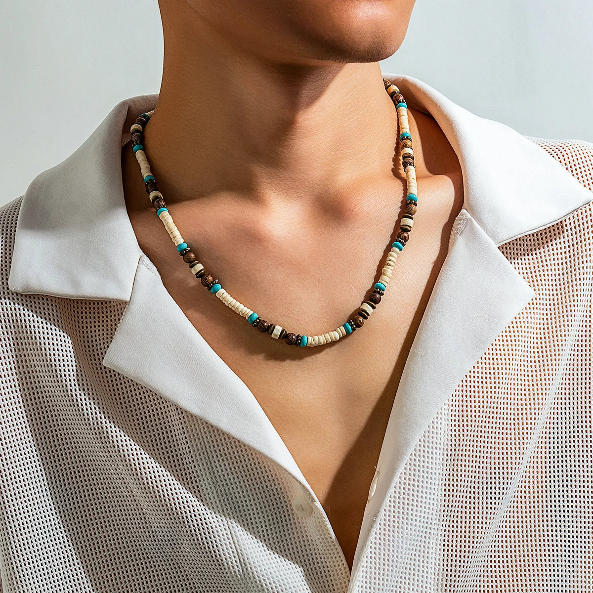 Trendy Small Wood Beads Necklace Men Vintage Short Beaded Chain Choker Necklaces 2023 Fashion Jewelry Collar on Neck Accessories