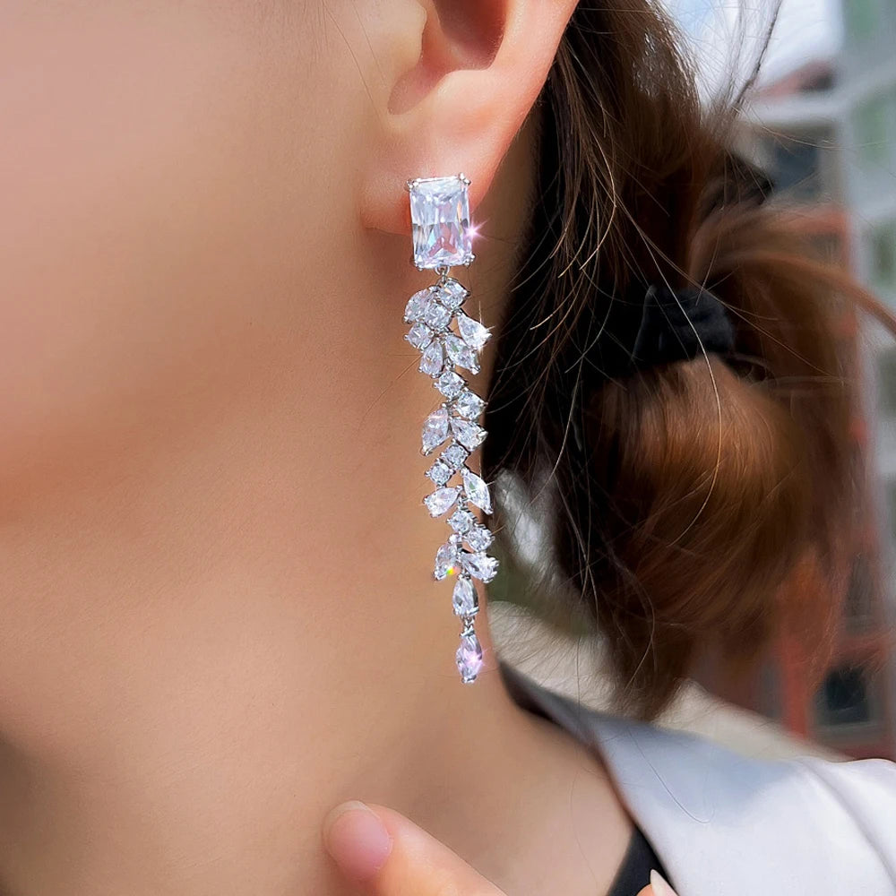 ThreeGraces Fashion Elegant Shiny White Square Zirconia Long Bridal Wedding Dangle Earrings for Women Daily Party Jewelry E1989