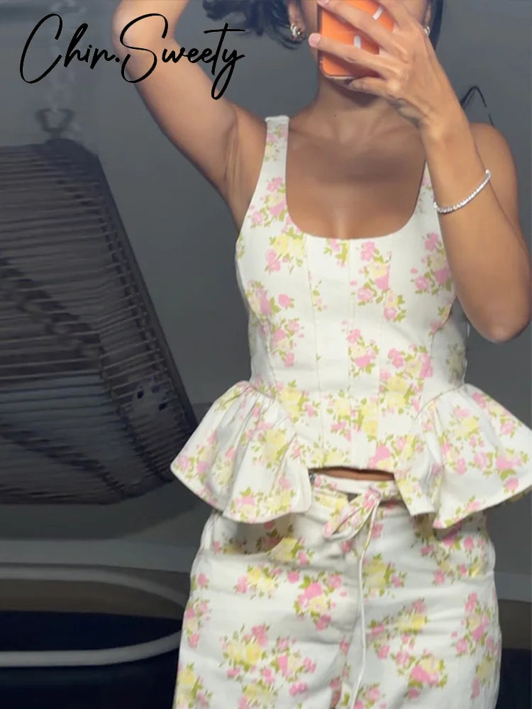 Elegant Printed Women's Vest Trouser Suits Sleeveless Ruffle Wide Leg Pants Lady Set 2026 Spring Summer 2 Pieces Set Women New