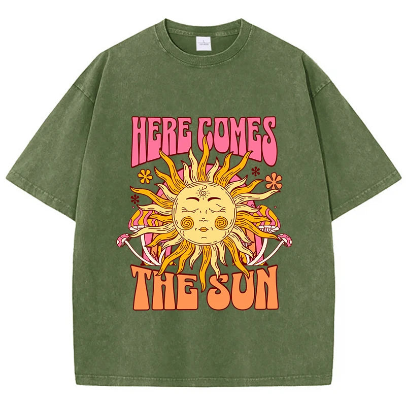 Oversize Women's Washed T-Shirt Cotton Here Comes The Sun Prints T Shirts Casual O-Neck Short Sleeve Tops Loose Women's Clothes