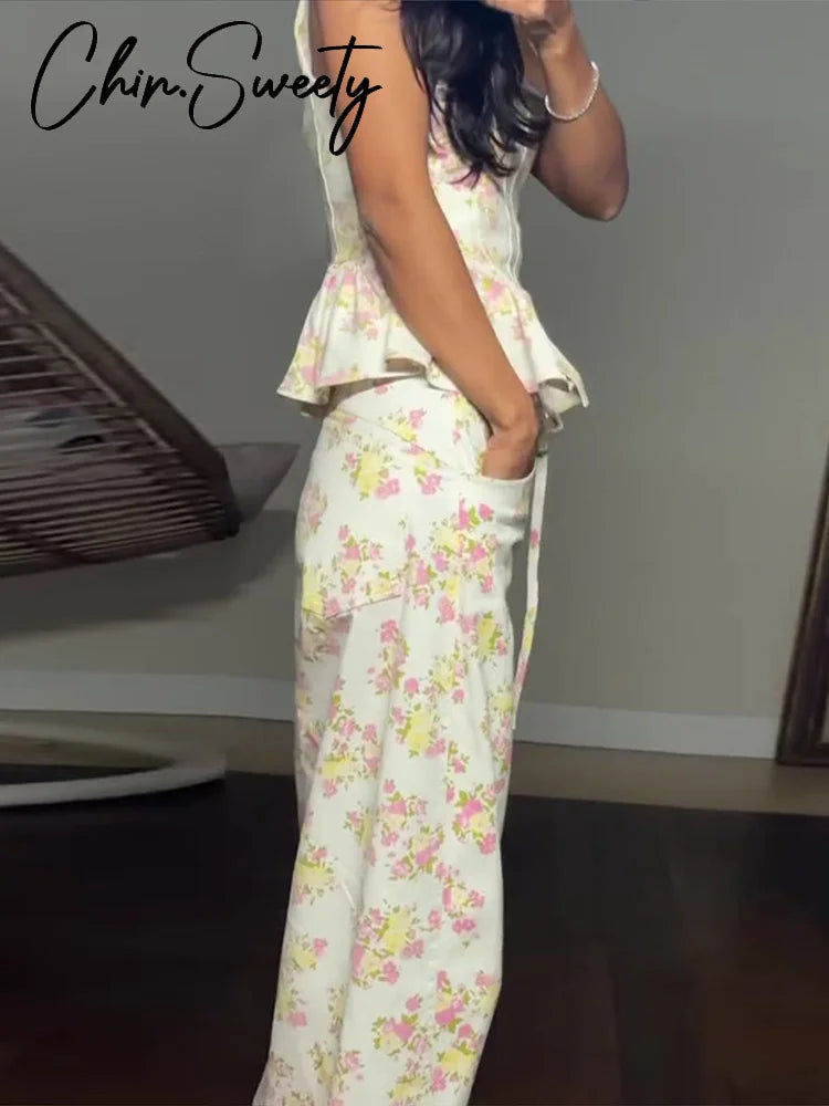 Elegant Printed Women's Vest Trouser Suits Sleeveless Ruffle Wide Leg Pants Lady Set 2026 Spring Summer 2 Pieces Set Women New