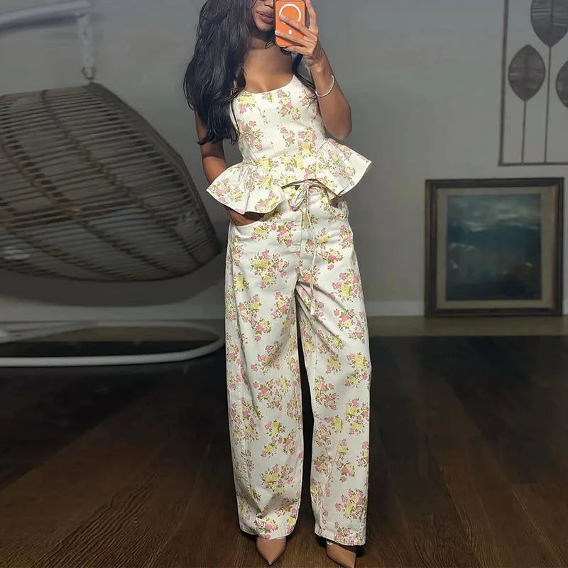 Elegant Printed Women's Vest Trouser Suits Sleeveless Ruffle Wide Leg Pants Lady Set 2026 Spring Summer 2 Pieces Set Women New