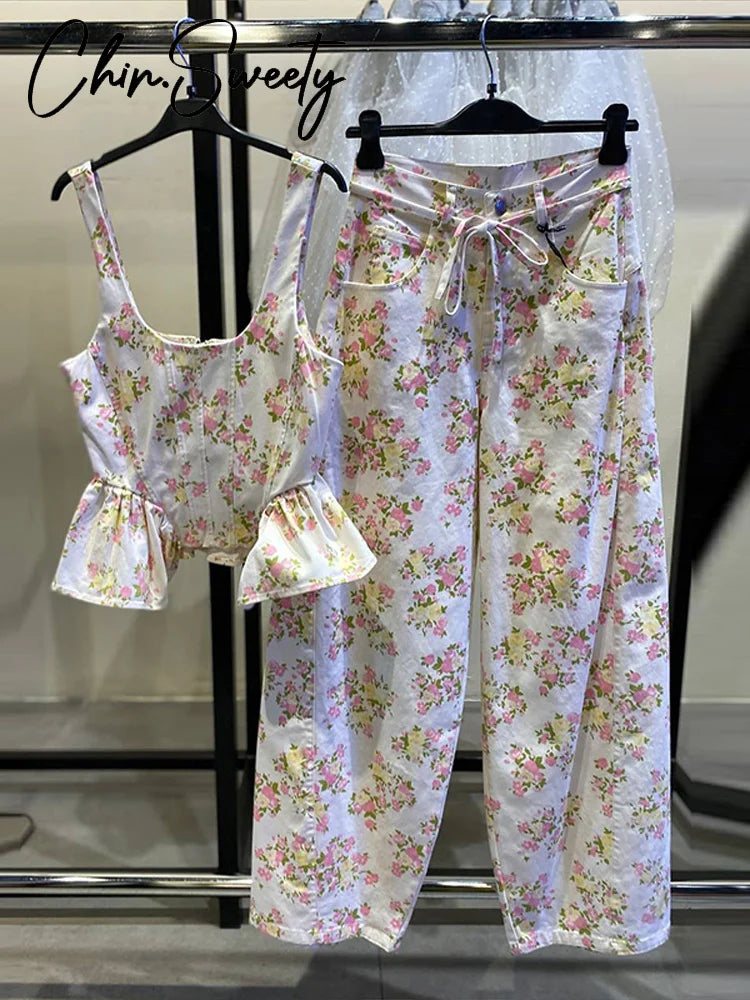 Elegant Printed Women's Vest Trouser Suits Sleeveless Ruffle Wide Leg Pants Lady Set 2026 Spring Summer 2 Pieces Set Women New