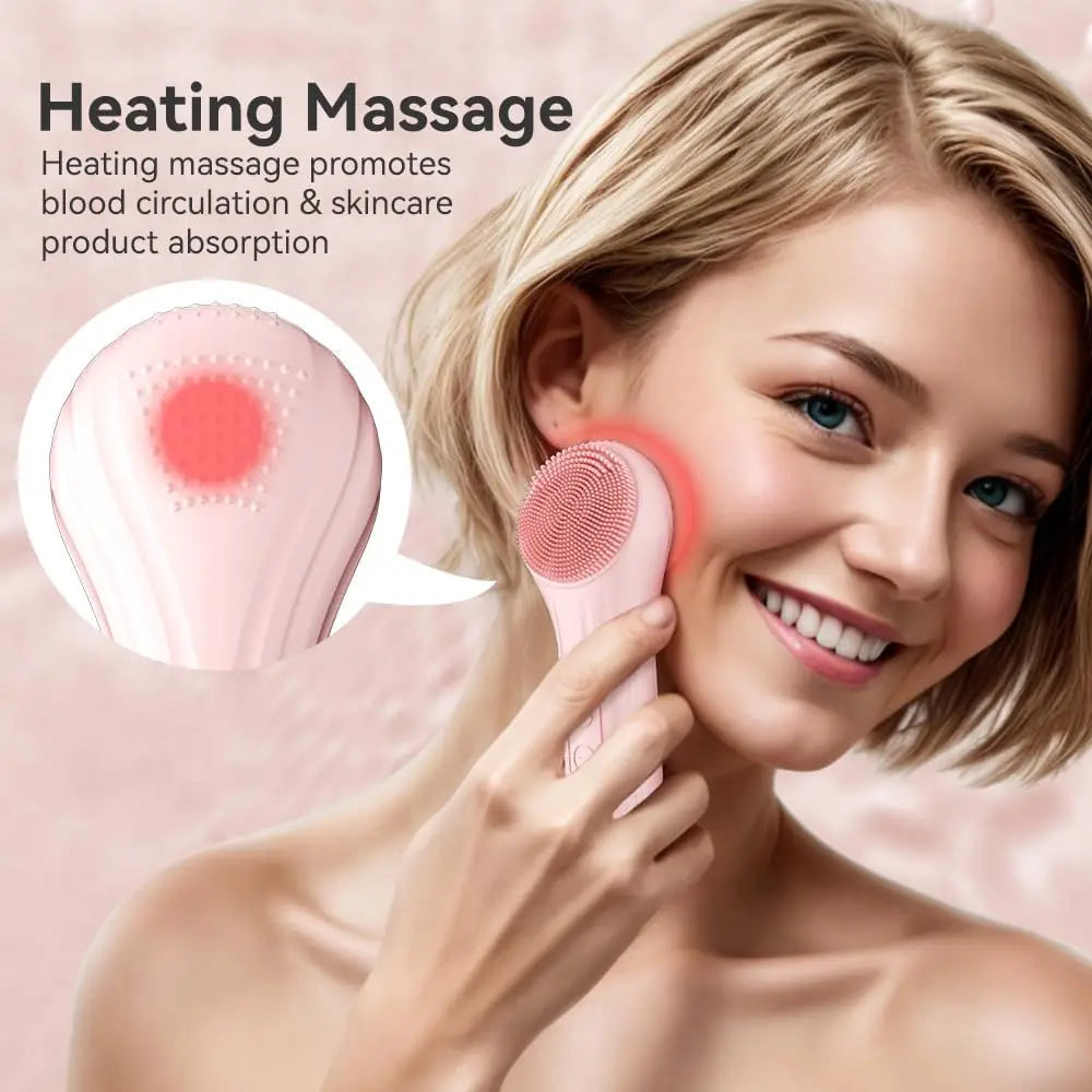 Silicone Face Scrubber Electric Facial Cleansing Brush with Heating Vibration Waterproof Face Wash Brush with 5 Speed Adjustable