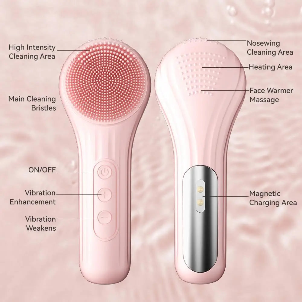 Silicone Face Scrubber Electric Facial Cleansing Brush with Heating Vibration Waterproof Face Wash Brush with 5 Speed Adjustable