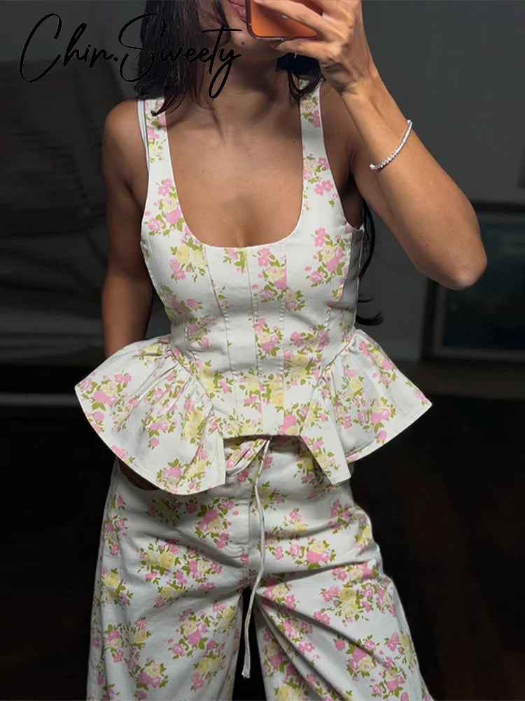 Elegant Printed Women's Vest Trouser Suits Sleeveless Ruffle Wide Leg Pants Lady Set 2026 Spring Summer 2 Pieces Set Women New