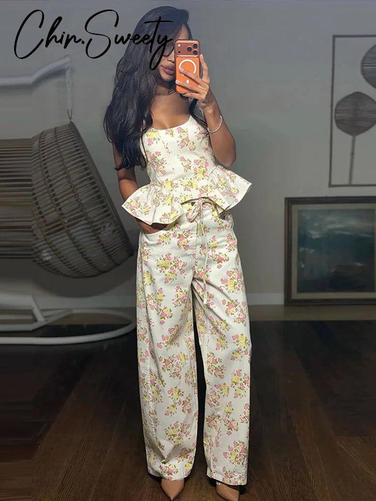 Elegant Printed Women's Vest Trouser Suits Sleeveless Ruffle Wide Leg Pants Lady Set 2026 Spring Summer 2 Pieces Set Women New