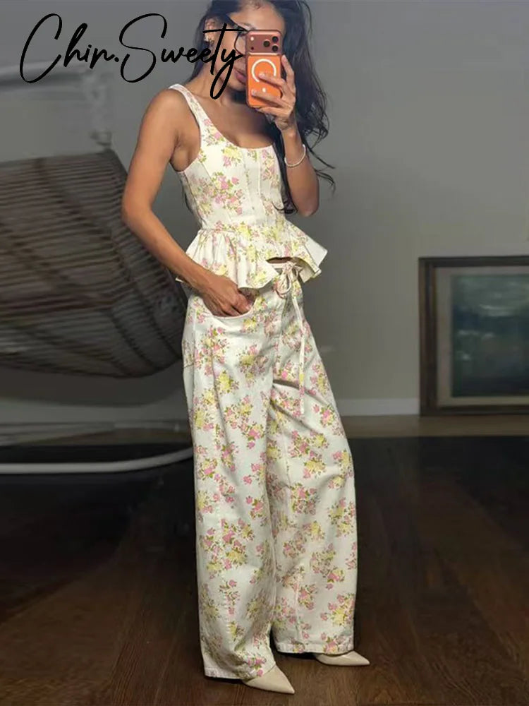 Elegant Printed Women's Vest Trouser Suits Sleeveless Ruffle Wide Leg Pants Lady Set 2026 Spring Summer 2 Pieces Set Women New