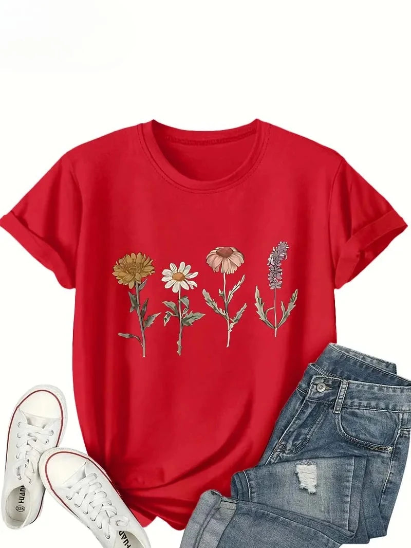 Women's White Short-sleeved T-shirt with Delicate Floral Print, An Elegant and Casual Top Inspired By Nature.Summer Streetwear