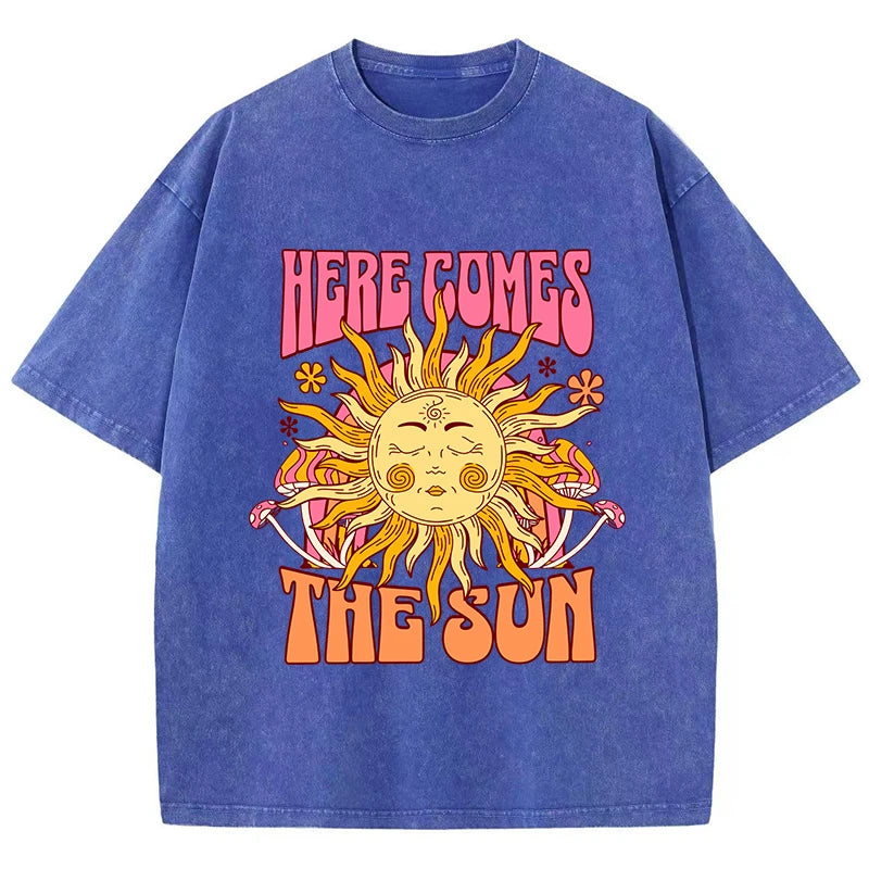 Oversize Women's Washed T-Shirt Cotton Here Comes The Sun Prints T Shirts Casual O-Neck Short Sleeve Tops Loose Women's Clothes