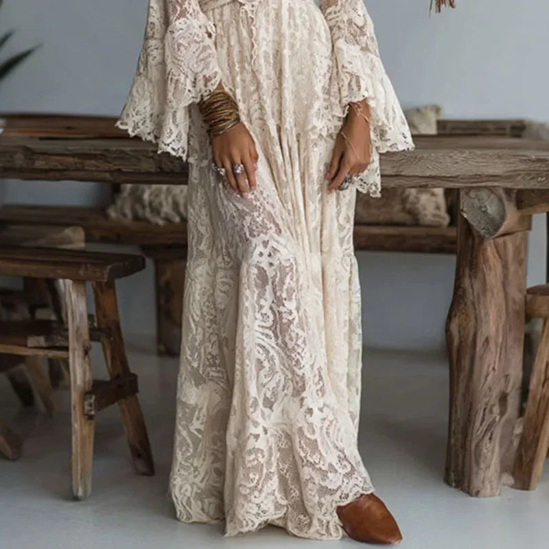 New Deep V Neck Embroidery Lace Woman Dress Spring Hollow Out High Waist Crochet Dresses Autumn Flare Sleeve Jacquard Long Dress