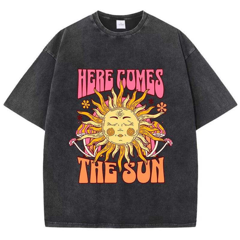 Oversize Women's Washed T-Shirt Cotton Here Comes The Sun Prints T Shirts Casual O-Neck Short Sleeve Tops Loose Women's Clothes
