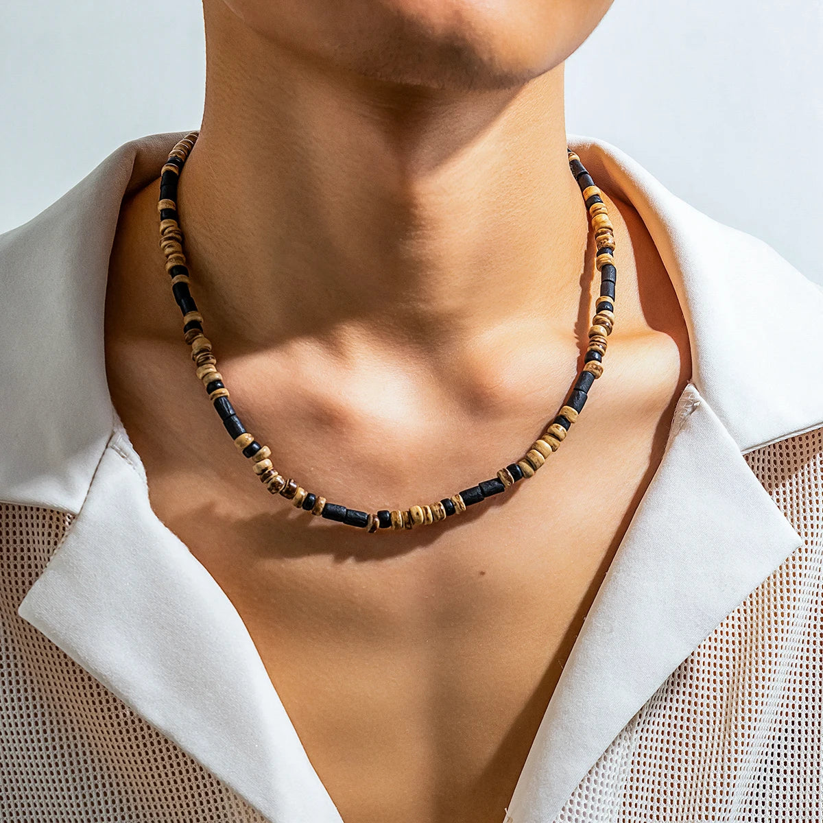 Trendy Small Wood Beads Necklace Men Vintage Short Beaded Chain Choker Necklaces 2023 Fashion Jewelry Collar on Neck Accessories