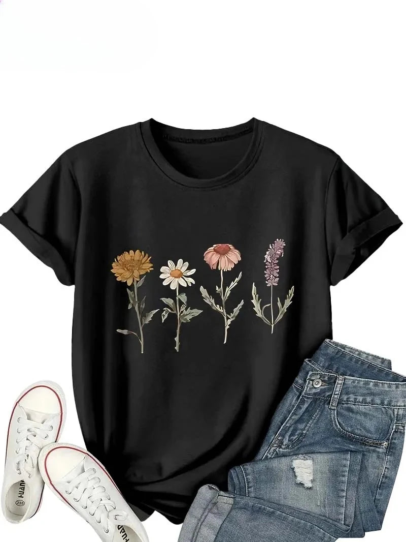 Women's White Short-sleeved T-shirt with Delicate Floral Print, An Elegant and Casual Top Inspired By Nature.Summer Streetwear