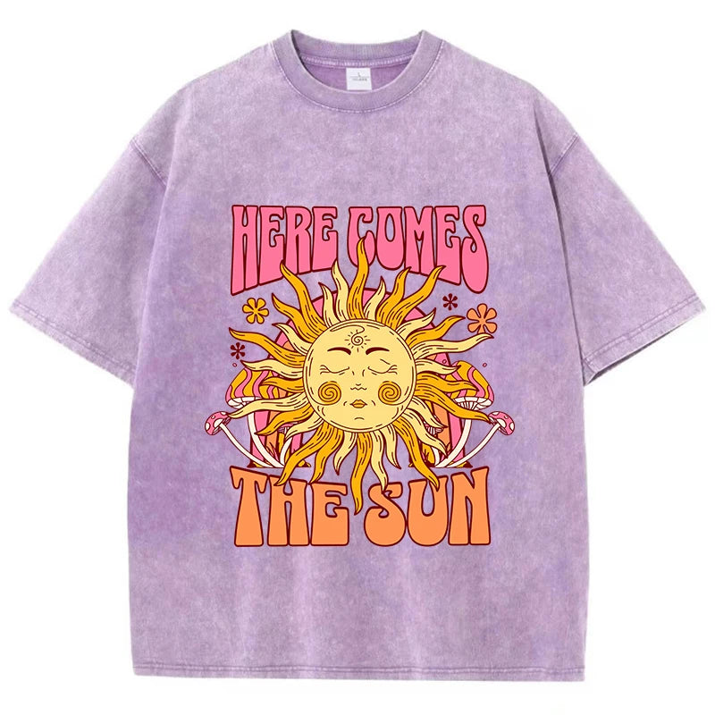 Oversize Women's Washed T-Shirt Cotton Here Comes The Sun Prints T Shirts Casual O-Neck Short Sleeve Tops Loose Women's Clothes