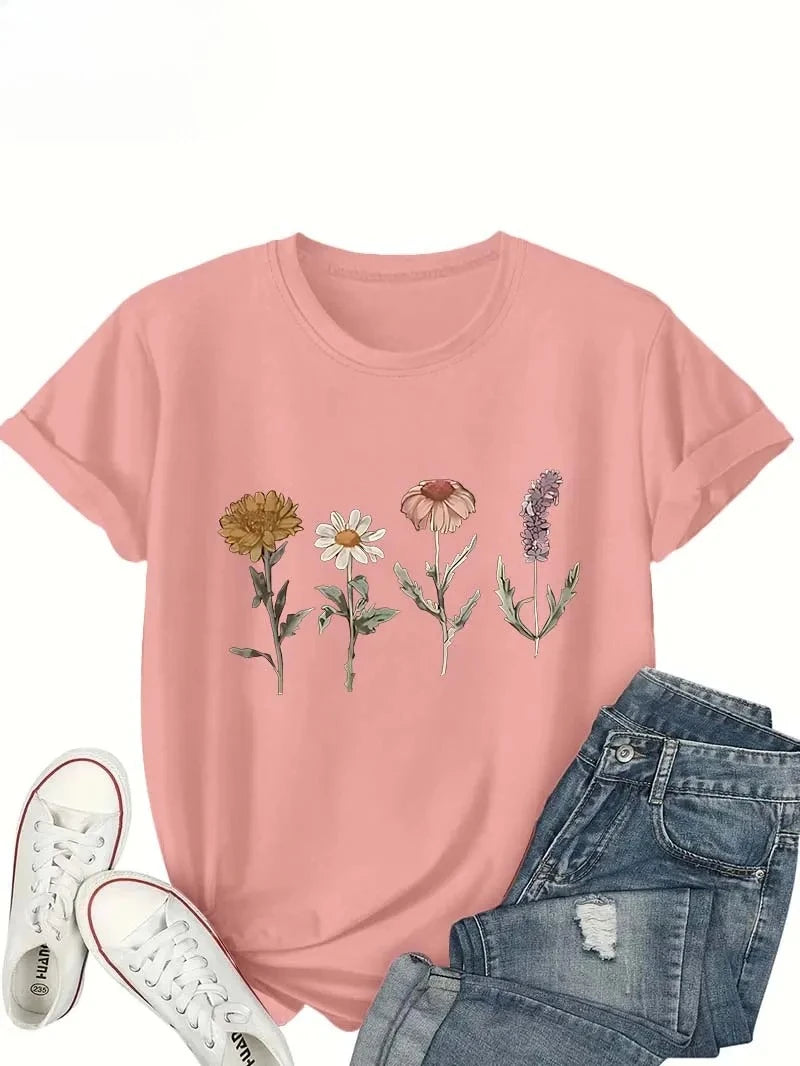 Women's White Short-sleeved T-shirt with Delicate Floral Print, An Elegant and Casual Top Inspired By Nature.Summer Streetwear