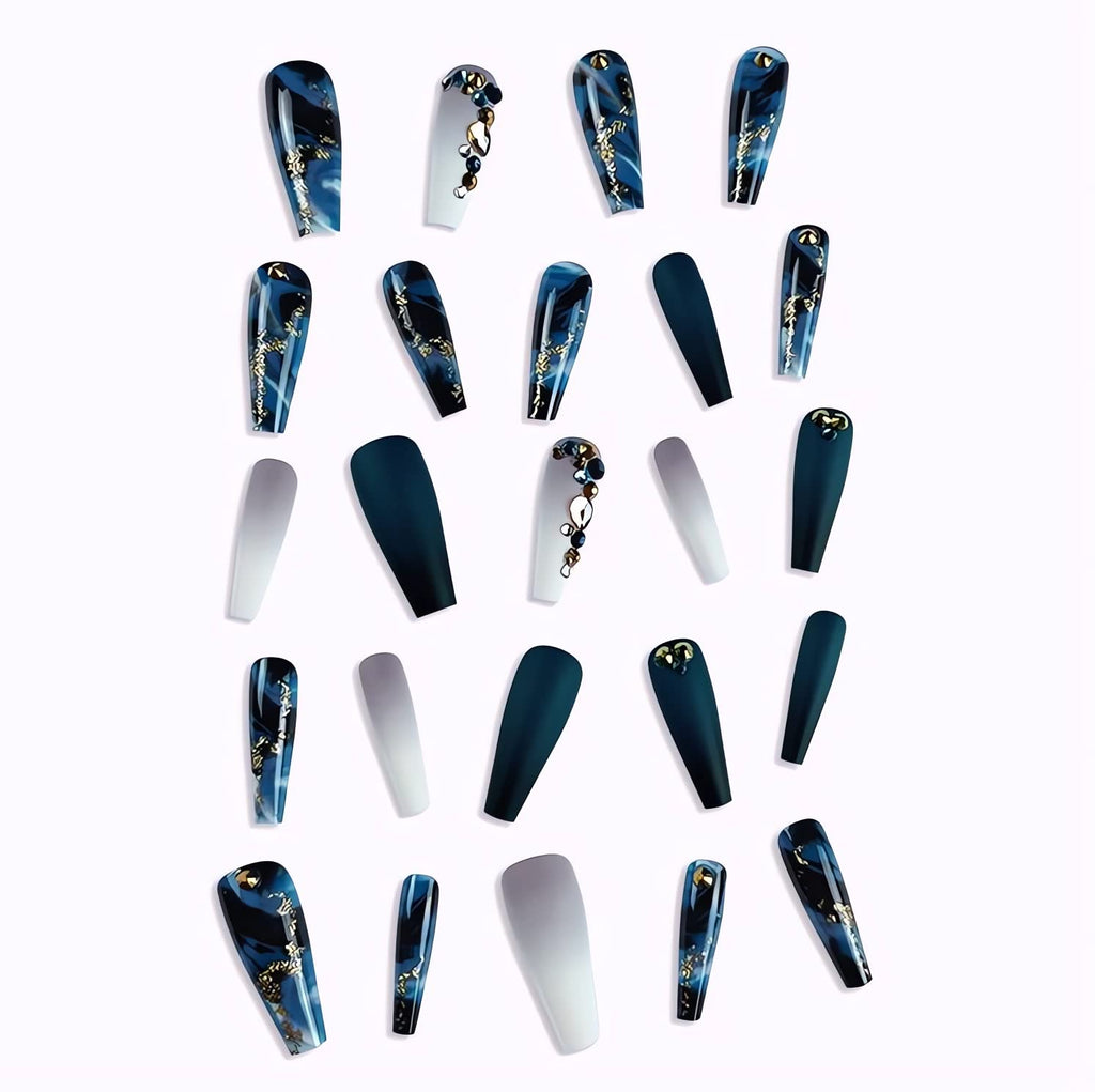 Long Press on Nails Navy Blue Coffin Fake Nails French Marble False Nails with Glitter Designs Rhinestones Glue on Nail Matte Stick on Artificial Nails for Women 24Pcs