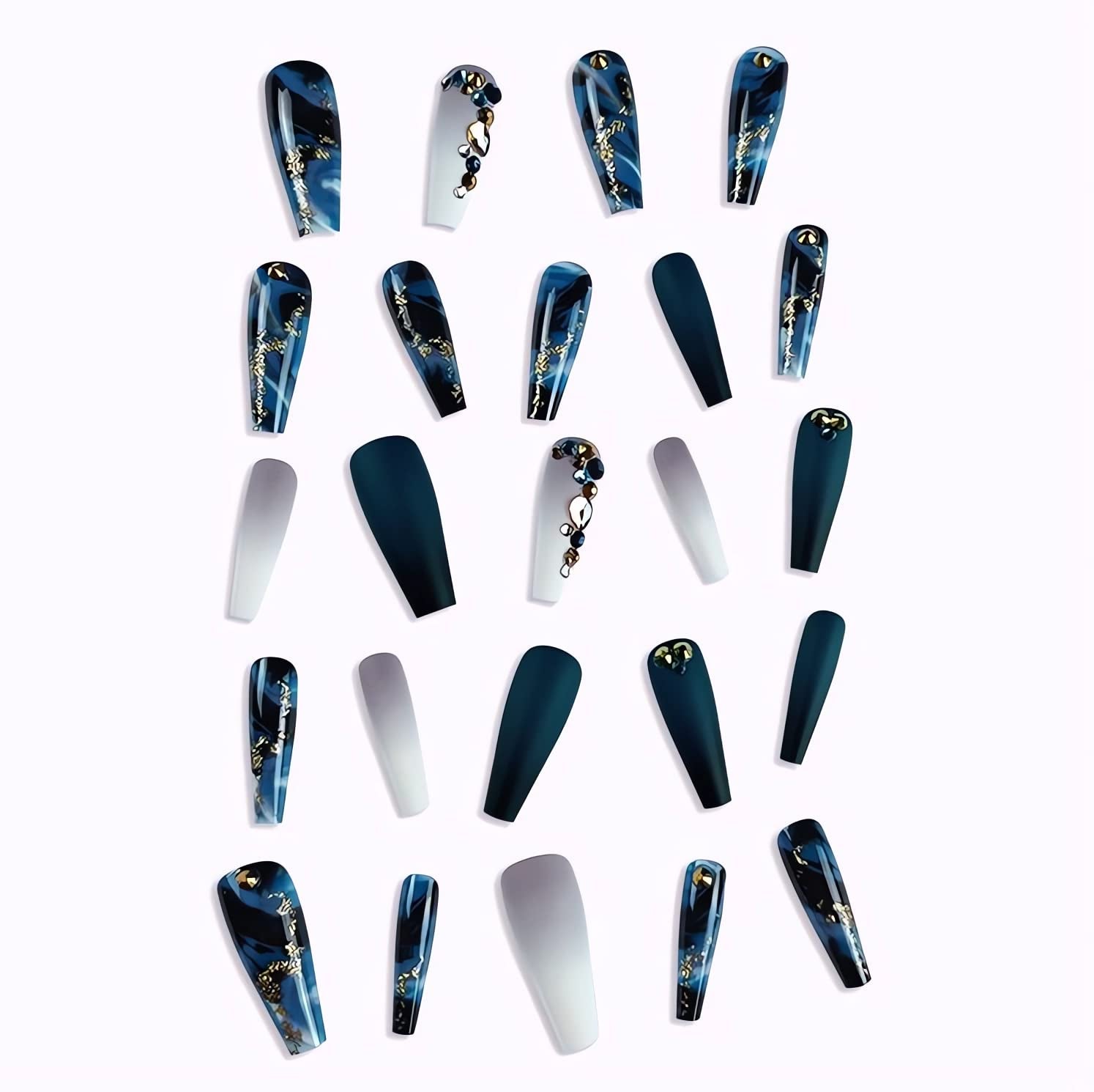 Long Press on Nails Navy Blue Coffin Fake Nails French Marble False Nails with Glitter Designs Rhinestones Glue on Nail Matte Stick on Artificial Nails for Women 24Pcs